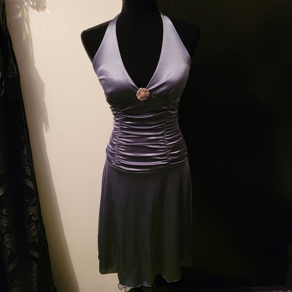 Satin silk vintage pinup style burlesque dress grey blue - Picture 5 of 5